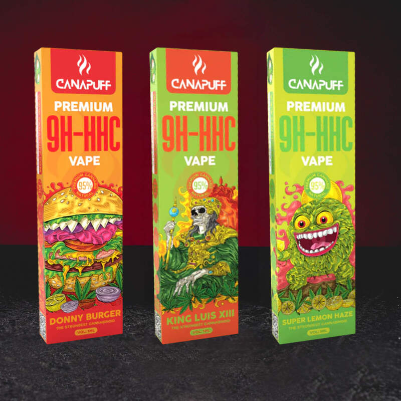 9H-HHC Vape 95% 1ml – Premium Einweg-Vape mit innovativem 9H-HHC Cannabinoid in den Varianten Super Lemon Haze, Rainbow Runtz, King Luis XIII und Donny Burger vape met innovatieve 9H-HHC cannabinoïde in de varianten Super Lemon Haze, Rainbow Runtz, King Luis XIII en Donny Burger vape desechable premium con innovador cannabinoide 9H-HHC en variantes