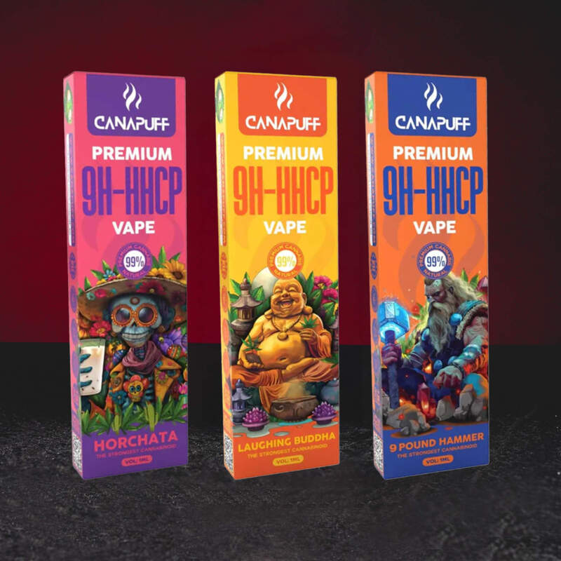 9H-HHCP Vape 99% 1ml – Premium Einweg-Vape mit 9H-HHCP Cannabinoid in den Varianten 9 Pound Hammer, Laughing Buddha und Horchata premium disposable vape met 9H-HHCP cannabinoïde vape desechable premium con cannabinoide 9H-HHCP