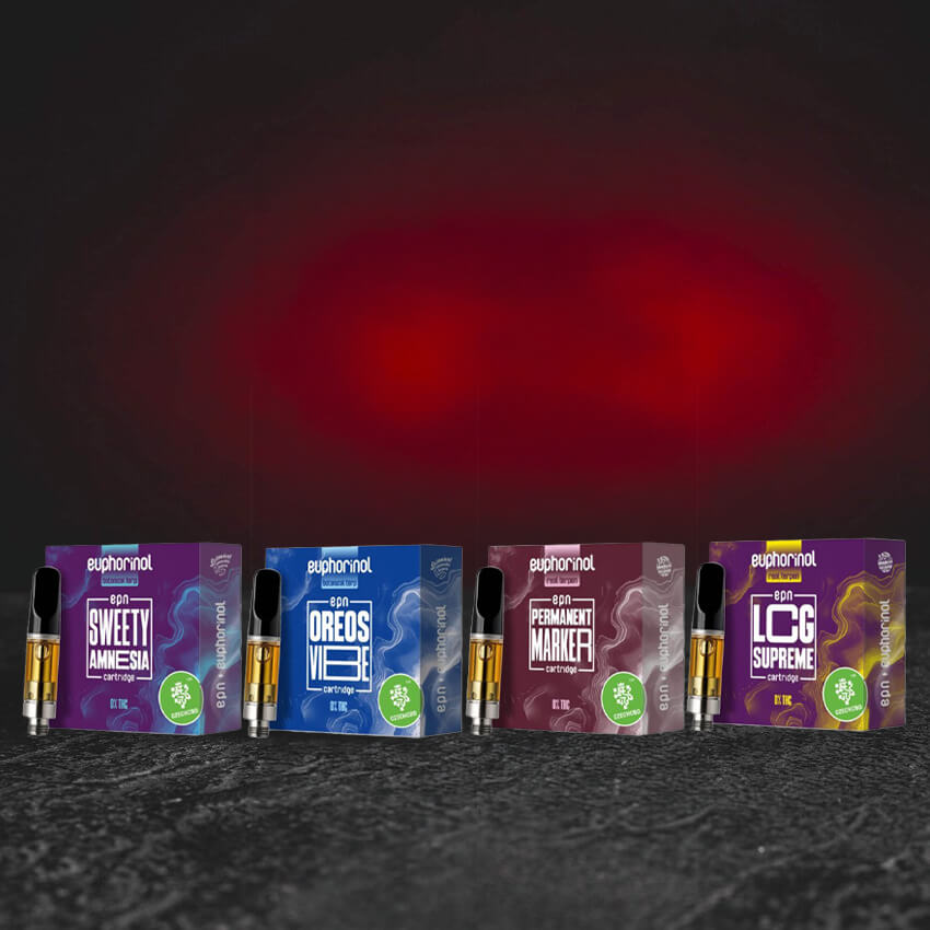 EPN Cartridge 1 ml Set aller vier Varianten – Sweety Amnesia, LCG Supreme, Oreos Vibe und Permanent Marker –, halbsynthetisches EPN-Cannabinoid aus den USA, euphorische und belebende Profile, vollständiges Sortiment von Kratom World.