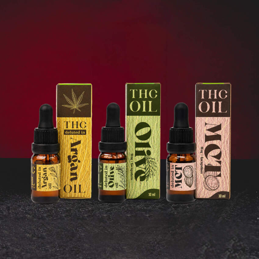 TH Öl 10ml – Kollektion von Fullspektrum-TH-Ölen in den Varianten Olivenöl, MCT-Kokosöl und Arganöl für kosmetische und technische Verarbeitung group photo