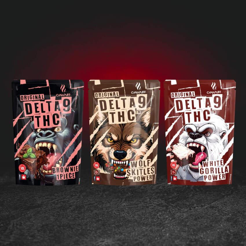 TH Happy Brownie – Kollektion aus drei Varianten White Gorilla Power, Gorilla Power und Wolf Skittles Power mit dem Cannabinoid TH, Kratom World premium hennepbrownie met cannabinoïde TH brownie de chocolate y cáñamo con cannabinoide TH