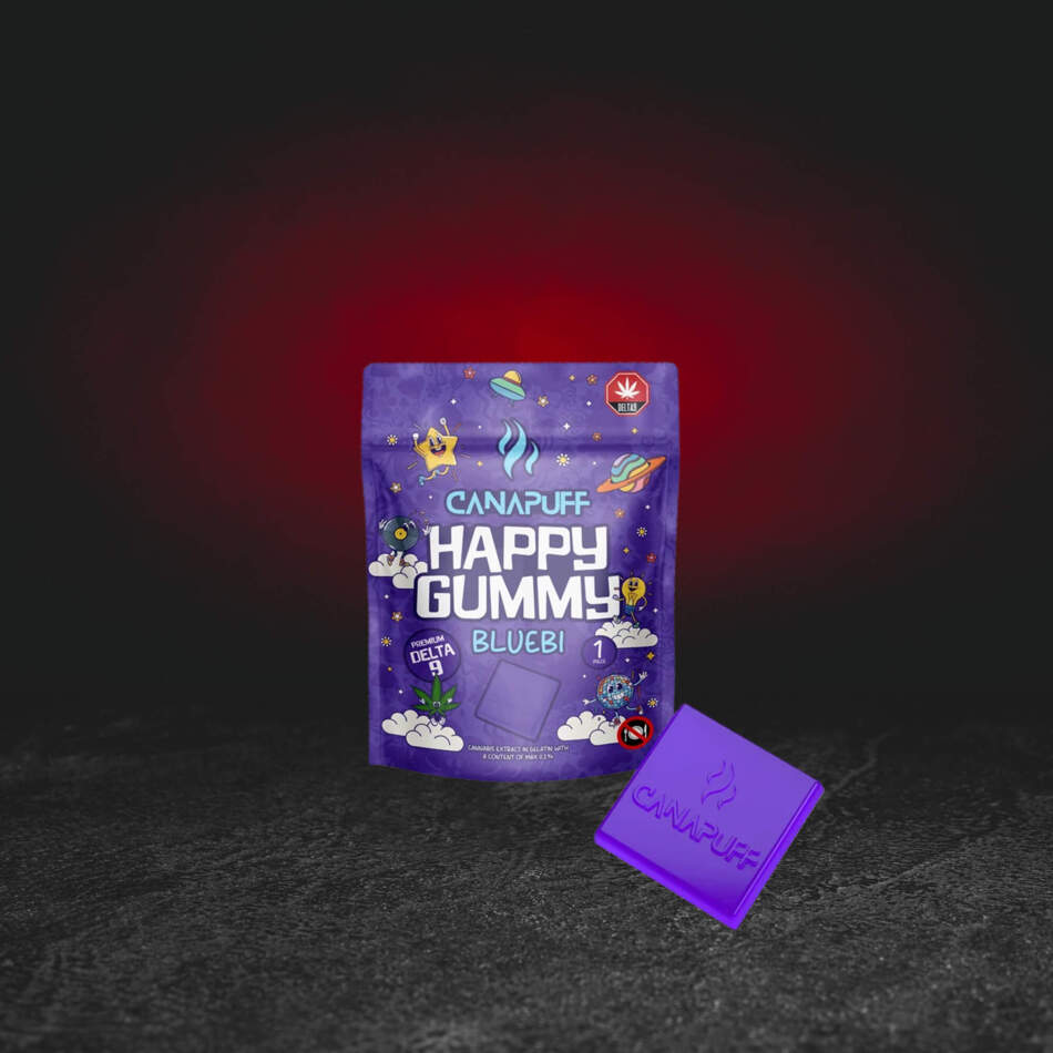 TH Happy Gummy Bluebi – Premium-Hanf-Fruchtgelee mit Blaubeergeschmack und Cannabinoid TH in Originalverpackung premium hennepfruitgelei met frambozensmaak en cannabinoïde TH gelatina premium de cáñamo con sabor a cereza y cannabinoide TH