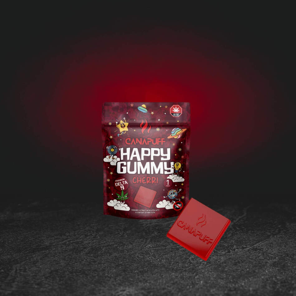 TH Happy Gummy Cherri – Premium-Hanf-Fruchtgelee mit Kirschgeschmack und Cannabinoid TH in Originalverpackung premium hennepfruitgelei met frambozensmaak en cannabinoïde TH gelatina premium de cáñamo con sabor a cereza y cannabinoide TH