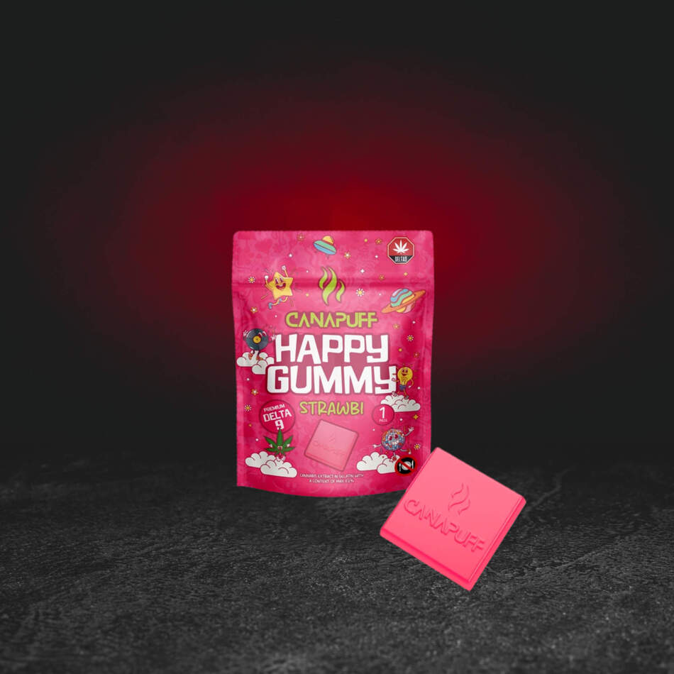 TH Happy Gummy Strawbi – Premium-Hanf-Fruchtgelee mit Erdbeergeschmack und Cannabinoid TH in Originalverpackung premium hennepfruitgelei met frambozensmaak en cannabinoïde TH gelatina premium de cáñamo con sabor a cereza y cannabinoide TH