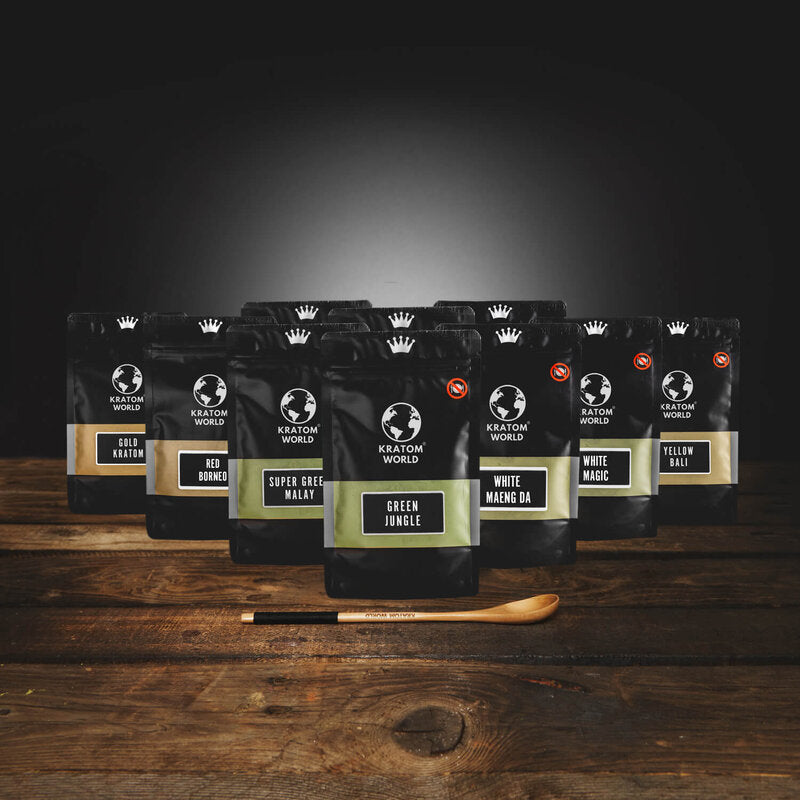 starter pack kratom world green, white, red, gold kratom pulver