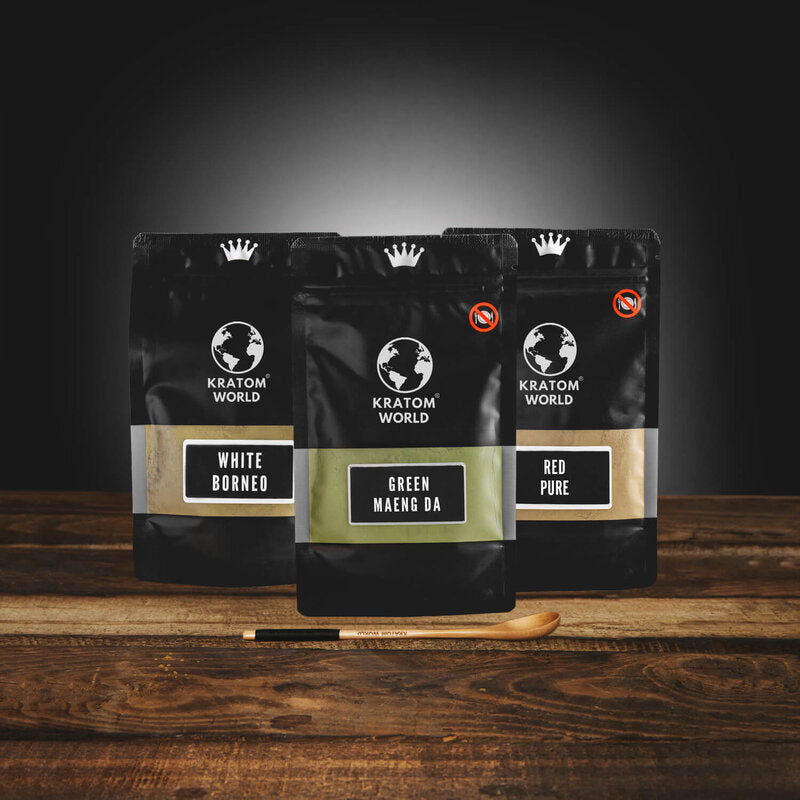 Kratom World Starter Pack Pattern Pack Grün Rot Rot Gold Weiß Kratom Pulver 3 x 5g maeng da bali wild super grün